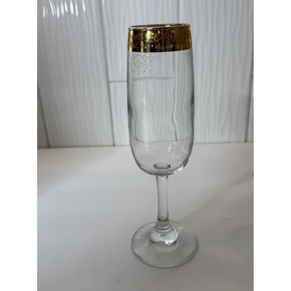 VTG Cellini Italian Crystal Champagne Flutes Wine Glass Gold Rim Set 4 Org Box